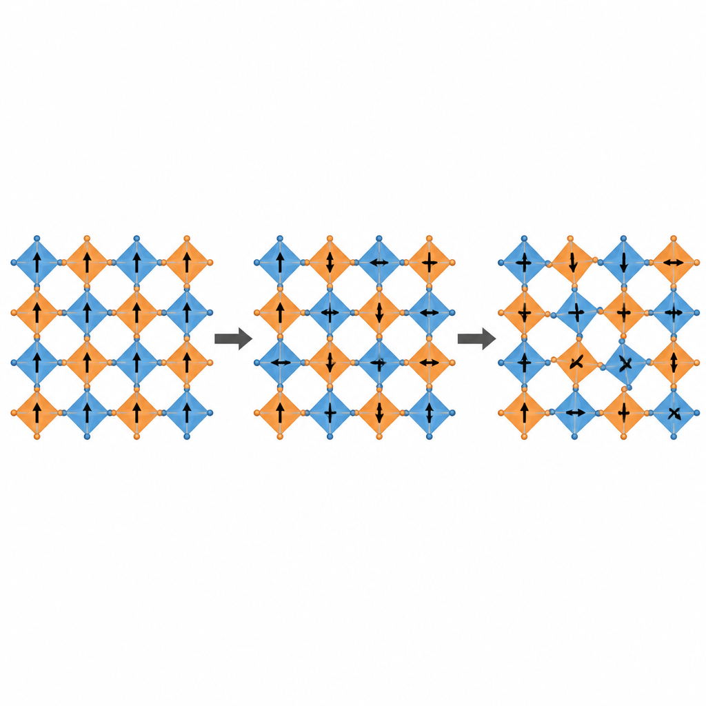 Figure 2. Jak lokalny nieład atomowy i momenty rzadkich ziem rzadkich zamieniają uporządkowany magnetyk w zamrożone, nieuporządkowane szkło spinowe przy niższych temperaturach.