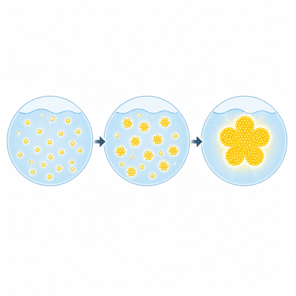 Figure 1. Zahlreiche winzige, sichere Quantenpunkte ordnen sich selbst zu einem hell leuchtenden, blütenähnlichen Cluster, das gelb strahlt.