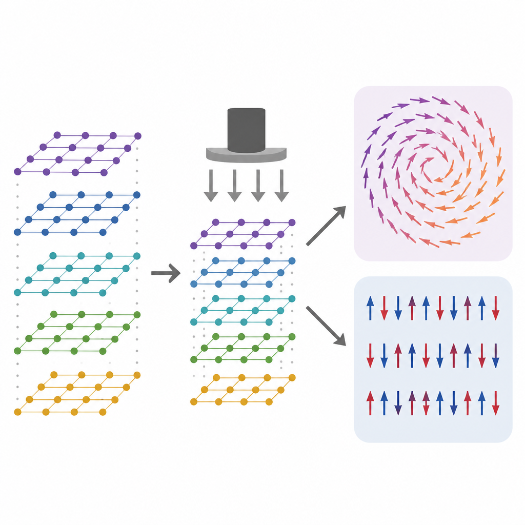 Figure 1. Wie das Zusammendrücken geschichteter NiBr2 seine interne Magnetisierung von einem Spiralmuster zu einem geraden Wechselmuster umkippen lässt