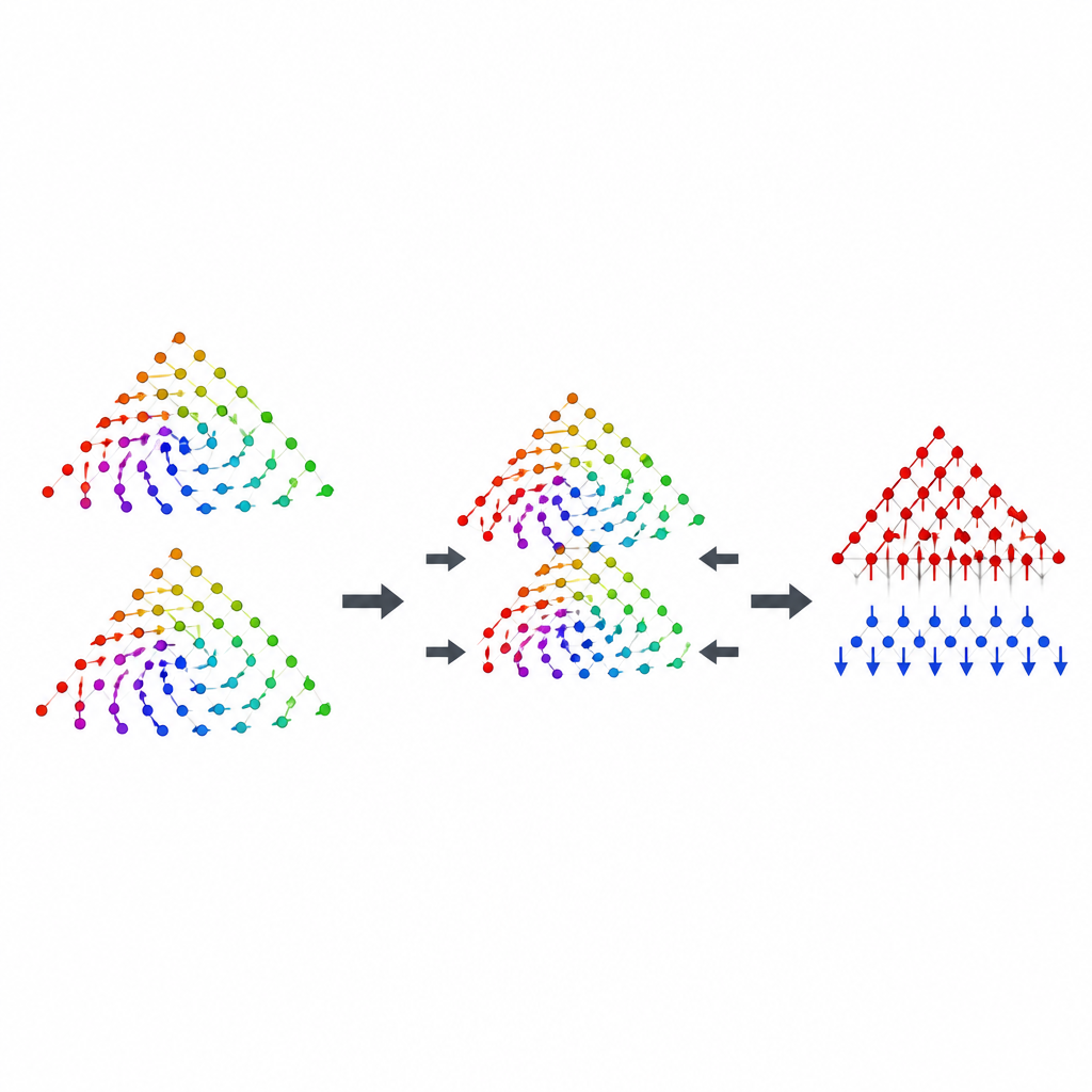 Figure 2. Schritt‑für‑Schritt‑Ansicht, wie Druck NiBr2 von spiralförmiger Magnetisierung zu geschichteten Lagen mit alternierenden Magnetrichtungen treibt
