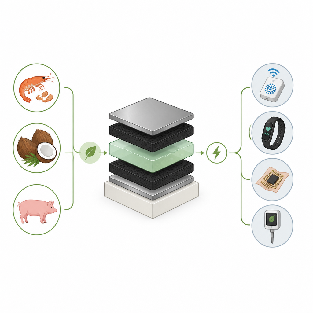 Figure 1. Supercondensatore ecologico realizzato con materiali naturali che alimenta piccoli dispositivi e può degradarsi in sicurezza dopo l’uso.