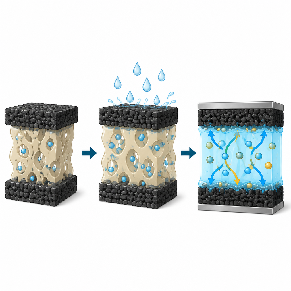 Figure 2. Elettrodo riposato e reidratato apre percorsi per gli ioni, riducendo la resistenza e aumentando l'accumulo di carica nel supercondensatore.