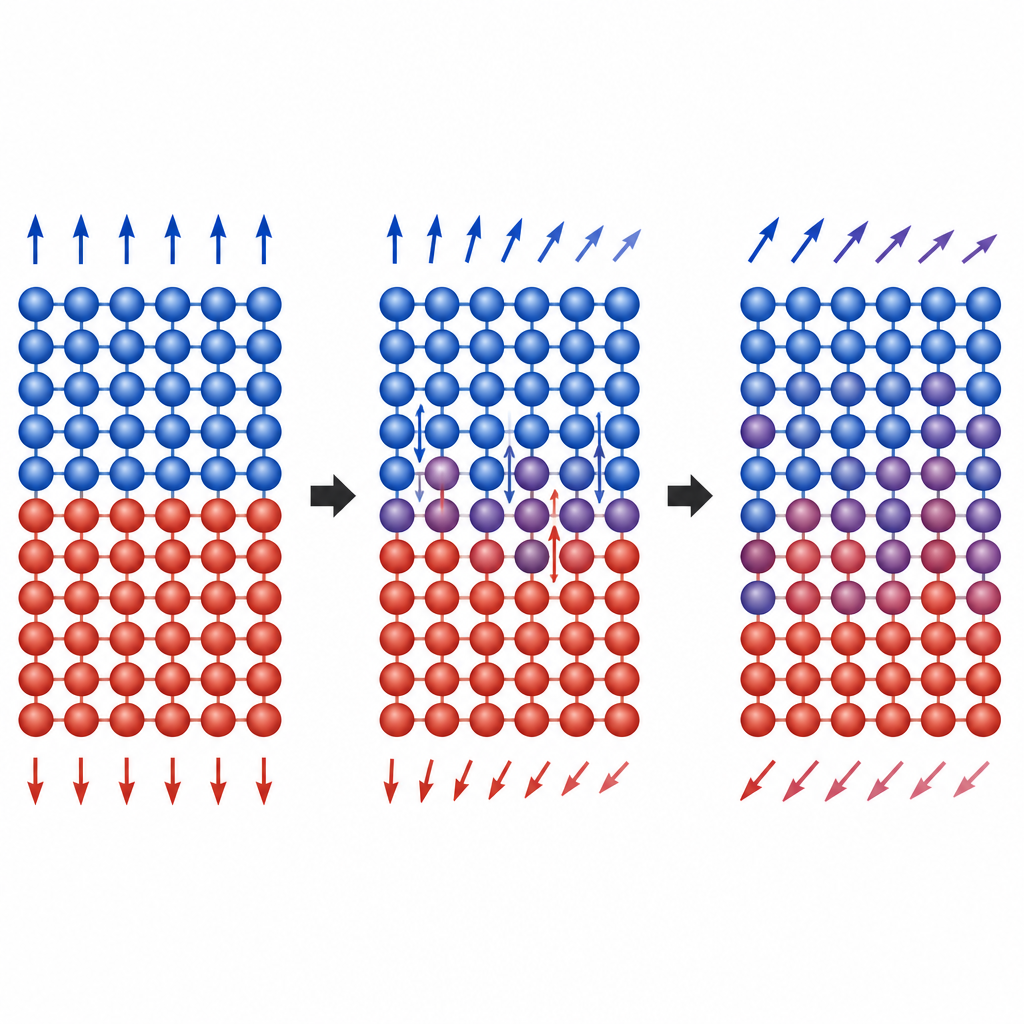 Figure 2. מבט בשלבים על החלפת אטומים דרך ממשק תחמוצי ליצירת ערבוב אסימטרי שמשנה את יישור המגנטיות שכבה אחר שכבה.