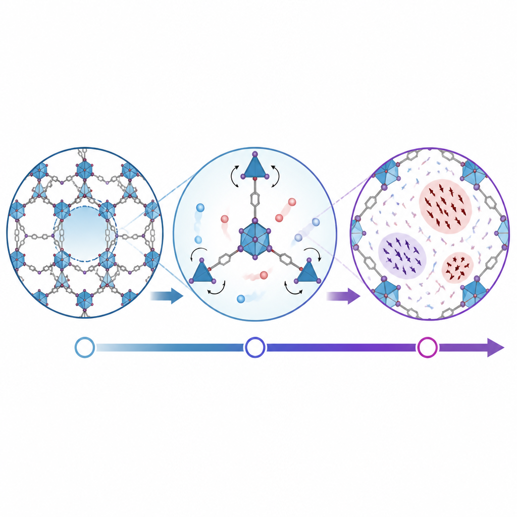 Figure 2. All'interno del magnete poroso emergono e crescono piccole regioni con spin allineati e gruppi rotanti prima dell'ordine magnetico completo.