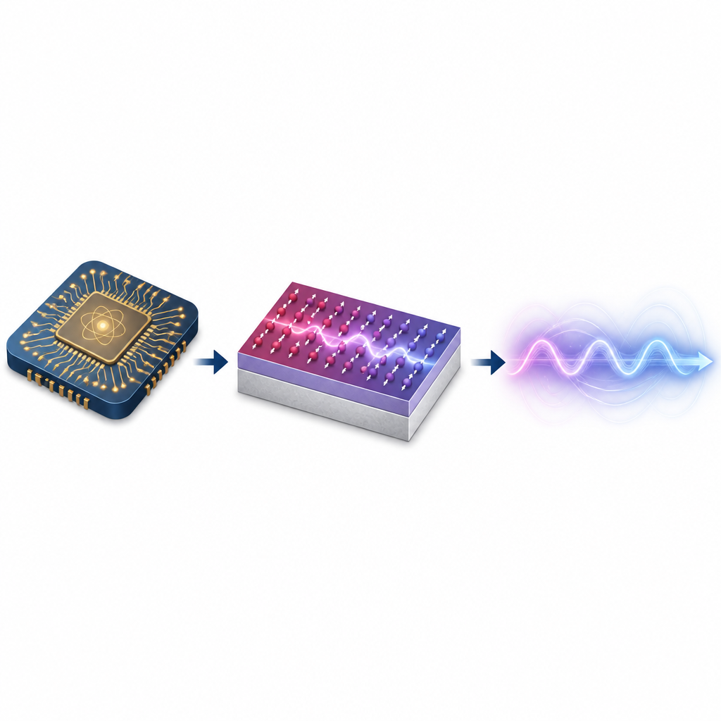 Figure 1. Como um novo cristal não magnético permite que pequenas ondas magnéticas transportem sinais quânticos com menos perda.