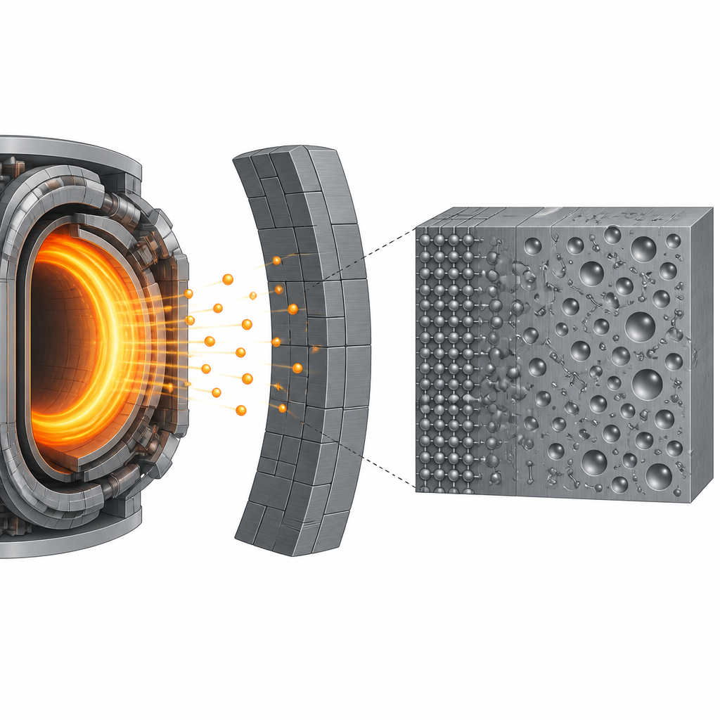 Figure 1. Wie die heißen Heliumteilchen eines Fusionsreaktors langsam die wolframverkleideten Plasmaseitenwände schädigen.