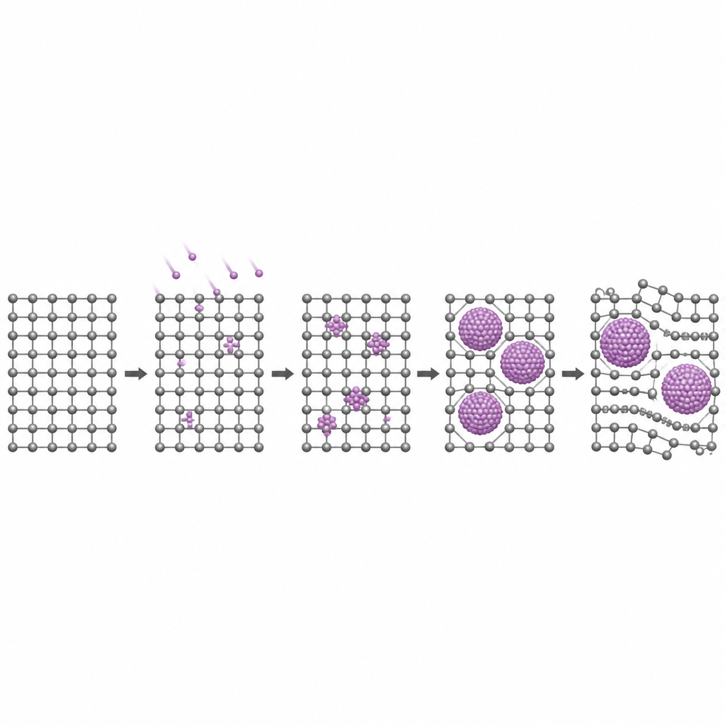 Figure 2. Wie einzelne Heliumatome in Wolfram zu Blasen zusammenwachsen, das Kristallgitter verzerren und die Festigkeit verändern.