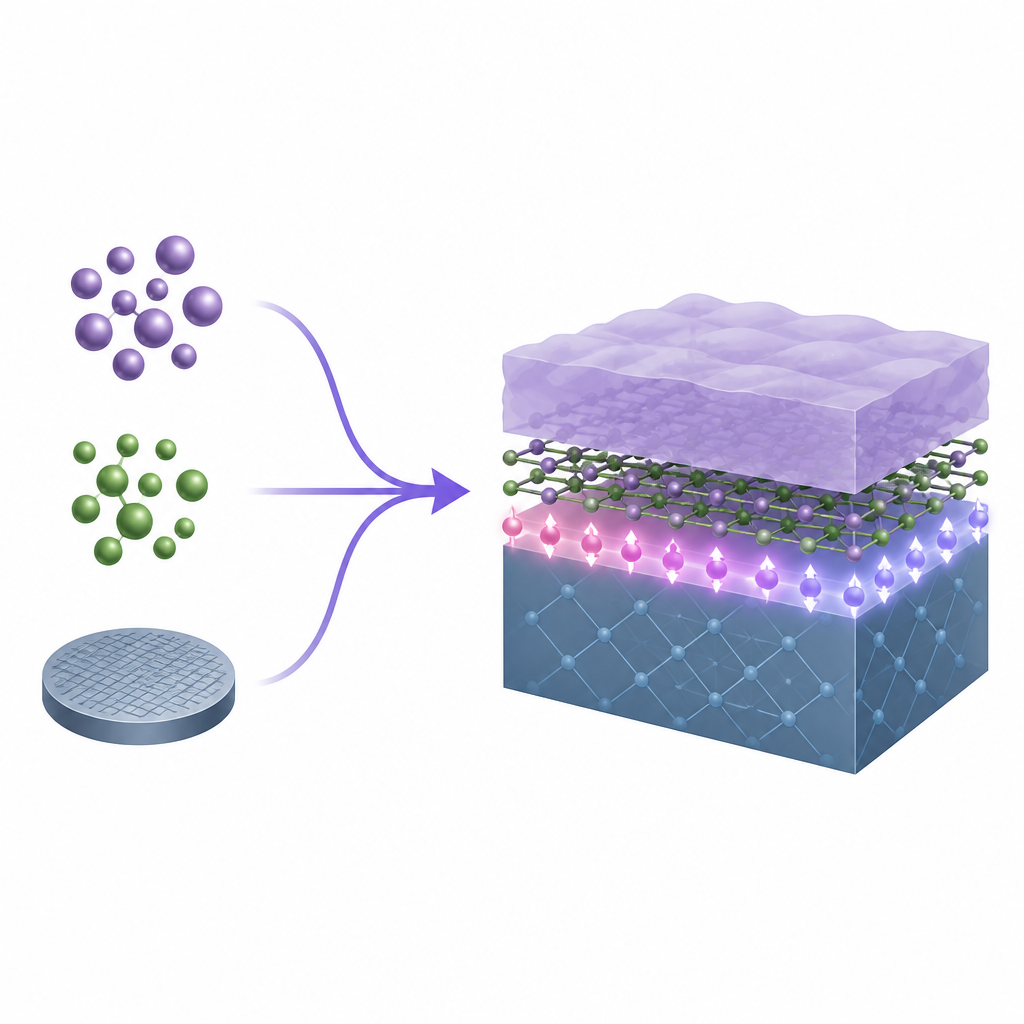 Figure 1. Hoe het stapelen van ultradunne lagen op een kristaloppervlak een nieuw spinactief 2D-materiaal creëert.