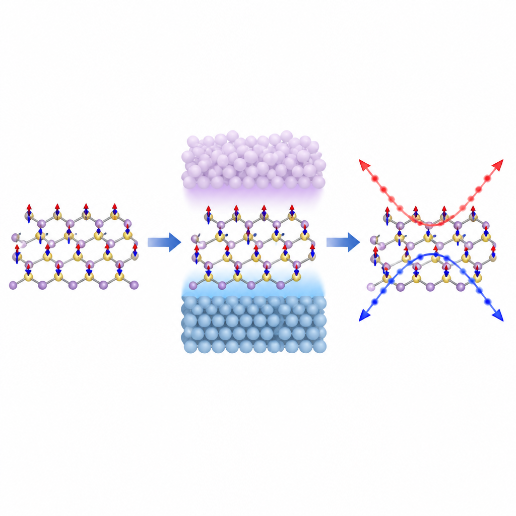 Figure 2. Hoe atomaire verschuivingen en een beschermende kaplaag ervoor zorgen dat elektronenspins splijten en in verschillende richtingen stromen.