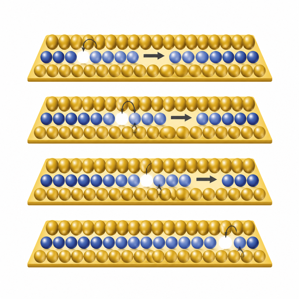 Figure 2. Ruch krok po kroku maleńkich wakansów wzdłuż pojedynczego rzędu bromu, który pozwala atomom przemieszczać się, podczas gdy sąsiednie rzędy pozostają sztywne.