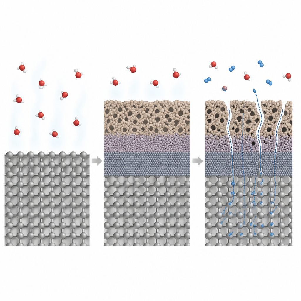 Figure 2. Wie eine schützende Oxidschicht auf Zirkonium porös und rissig wird und dadurch Wasserstoff und Korrosion in das Metall eindringen lässt.