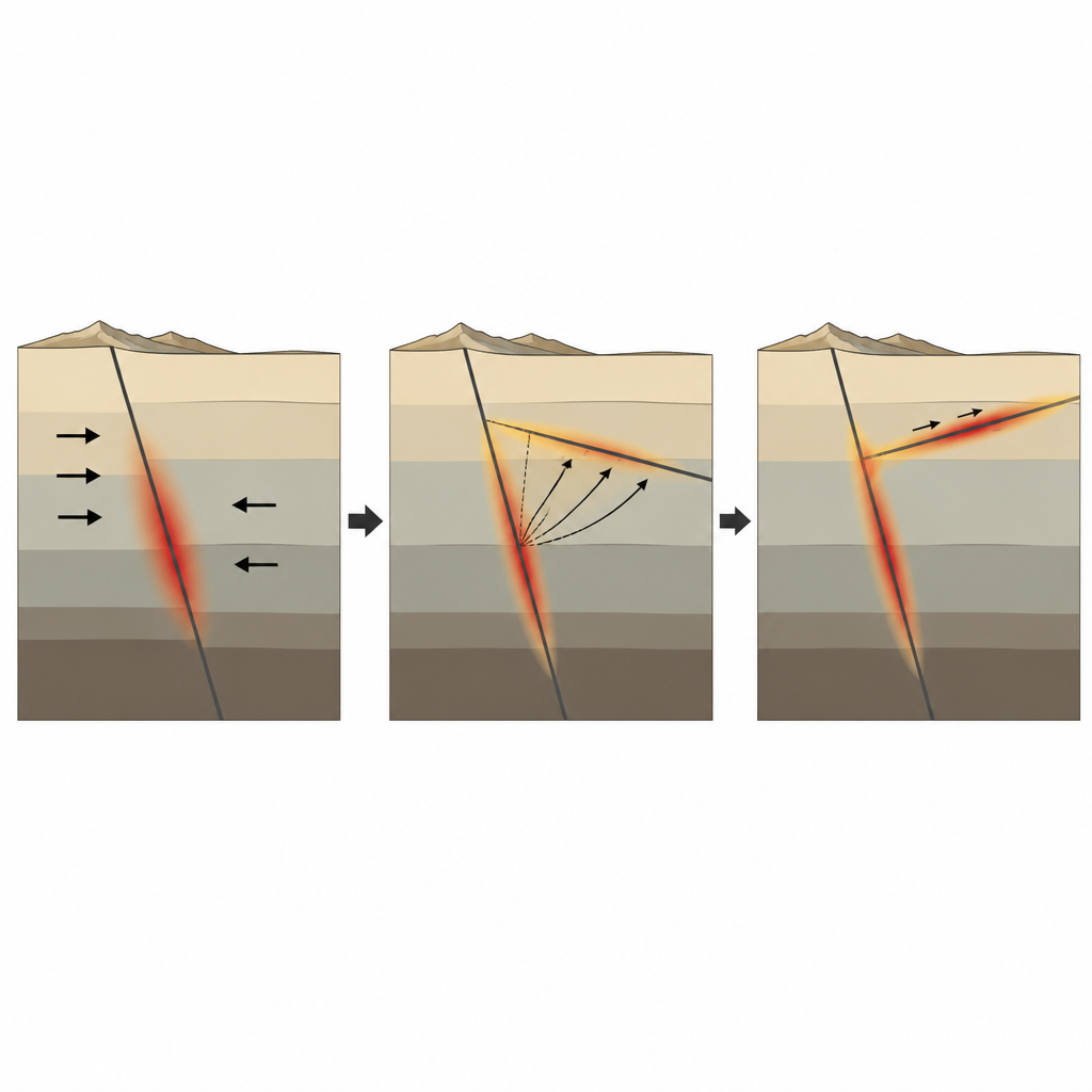 Figure 2. Wie die Spannung von der Hauptruptur in Tingri auf eine sanft geneigte Seitenverwerfung übertragen wurde und ihr half, während des Bebens zu verrutschen