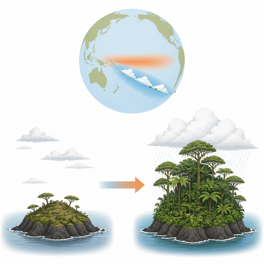 Figure 1. How a Pacific island’s peat record links global ice age cooling to changes in local rainfall and cloud forests.