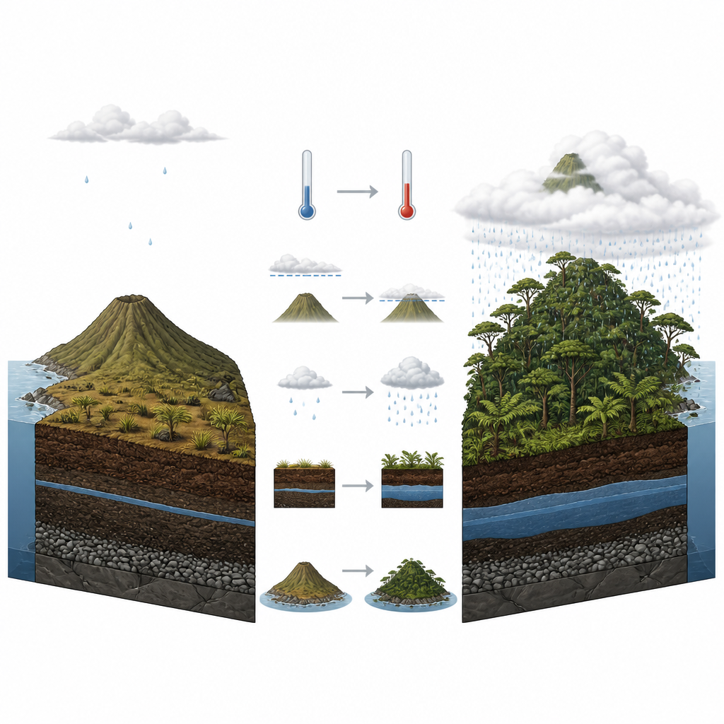 Figure 2. Step by step view of how cooler air lifted clouds, reduced rainfall and shrank cloud forests on a Pacific island.