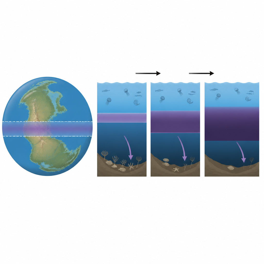 Figure 1. Starożytny równikowy ocean stopniowo rozwija duże strefy niskiego nasycenia tlenem, które osłabiają życie morskie na długo przed masowym wymieraniem.