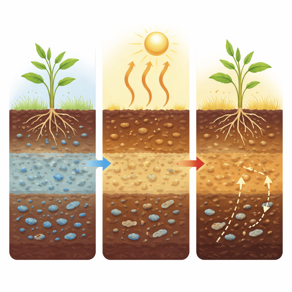 Figure 2. Hoe verwarming en uitdroging van bodem de plantengroei en microbieel verval verschuiven en zo de ondergrondse koolstofvoorraden veranderen.