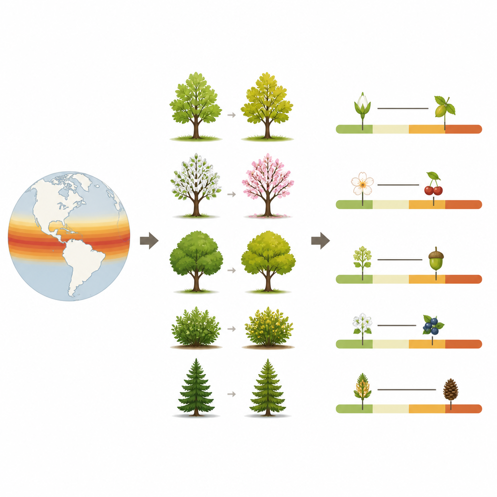 Figure 1. Como o aquecimento desloca quando as árvores florescem e frutificam e modifica a duração da sua estação reprodutiva.