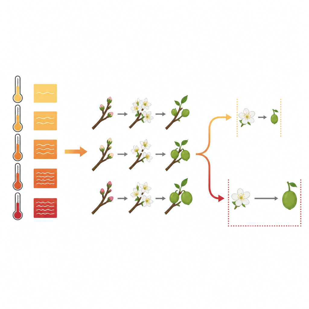 Figure 2. Como a elevação da temperatura e o acúmulo de calor aceleram ou prolongam de forma diferente o tempo entre a floração e o fruto maduro nas árvores.