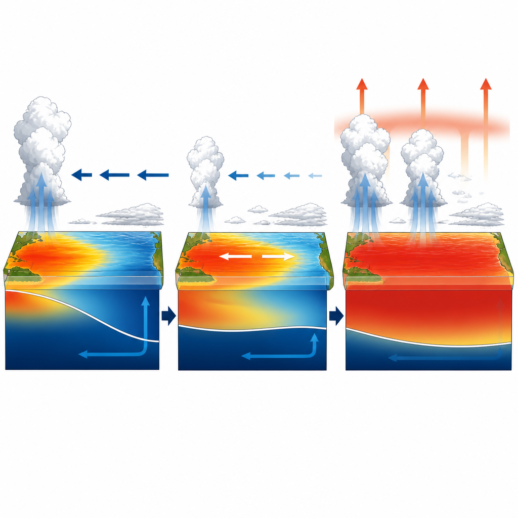Figure 2. Come l’El Niño del 2023 è cresciuto da condizioni di La Niña riscaldando rapidamente l’aria tropicale e diffondendo calore su scala mondiale.