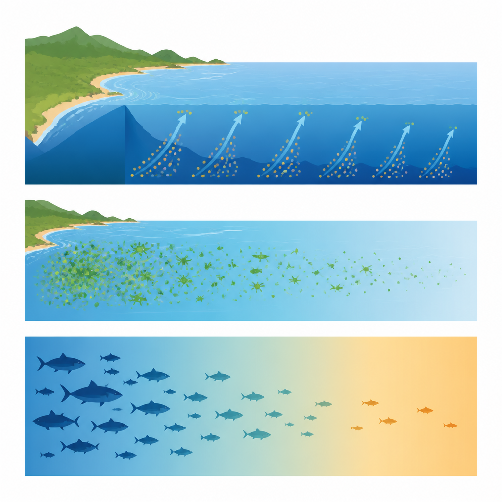 Figure 1. I riscaldamento dei mari indebolisce l’apporto di nutrienti dalle acque profonde, riducendo le fioriture di fitoplancton e i pesci d’acqua aperta in una regione costiera a risalita.