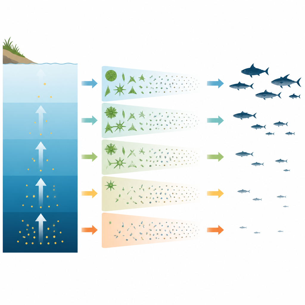Figure 2. L’aumento della temperatura sposta nutrienti e plancton verso vie microbiche e particellari, lasciando meno risorse a supporto dei pesci pelagici.