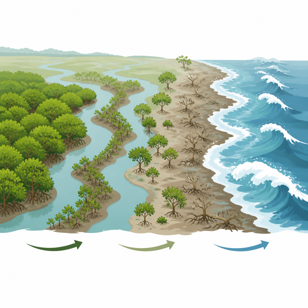 Figure 1. How monsoon waves reshape the Sundarbans mangrove fringe while forests shift inland within the giant Ganges Delta.