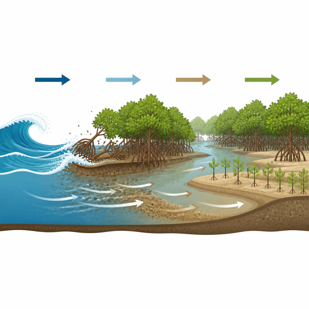 Figure 2. Step-by-step view of waves eroding seaward mangroves as tides move mud inland to build new channels and sandbanks for young trees.