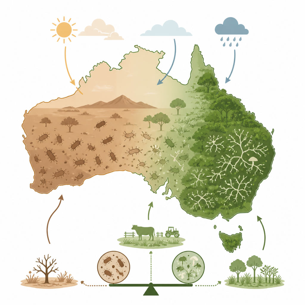 Figure 1. Come l’equilibrio tra batteri e funghi nei suoli varia in tutta l’Australia in relazione al clima, alla vegetazione e all’uso del territorio.