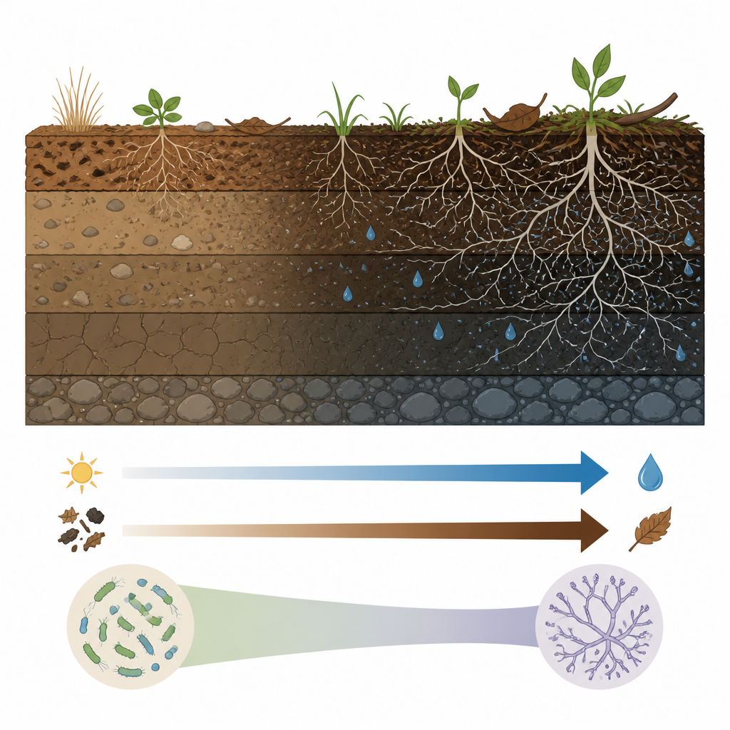 Figure 2. Come le variazioni di umidità, sostanza organica e nutrienti spostano le comunità del suolo a favore dei batteri o dei funghi.