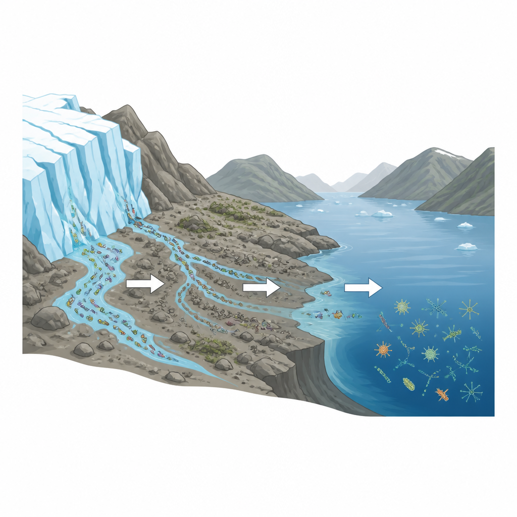 Figure 1. Los microbios glaciares se asientan principalmente en terrenos recién expuestos y solo unos pocos llegan al mar costero cercano.