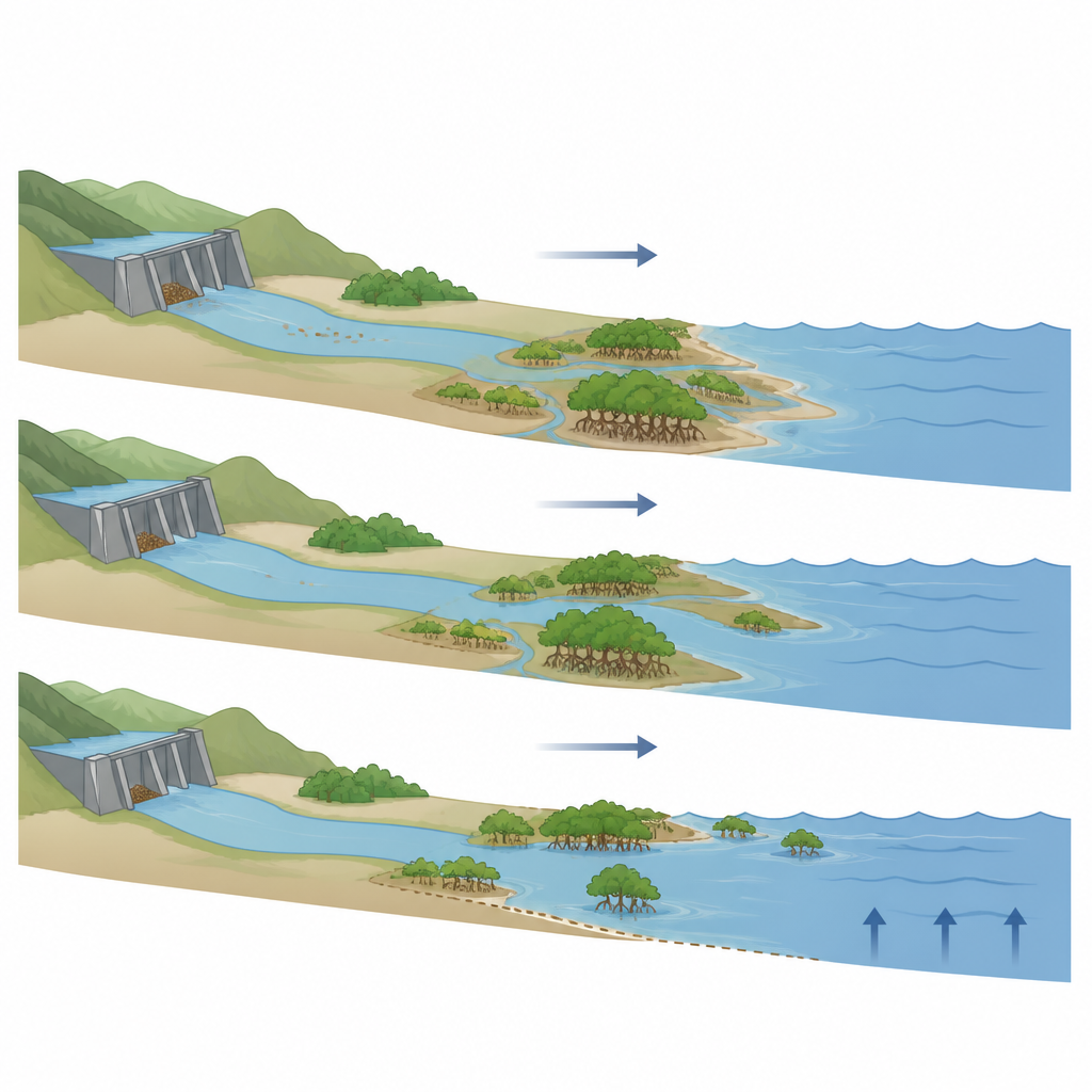 Figure 1. Come le foreste di mangrovie e semplici muri marini insieme plasmano il futuro di una linea costiera tropicale a bassa quota.