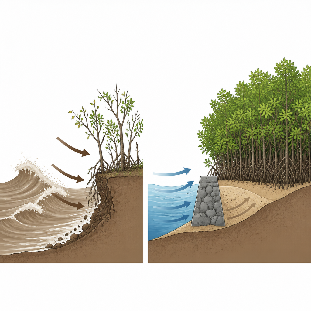 Figure 2. Visione affiancata di una costa erosa non protetta e di una costa sostenuta da argini e mangrovie che attenuano le onde e trattengono la spiaggia.