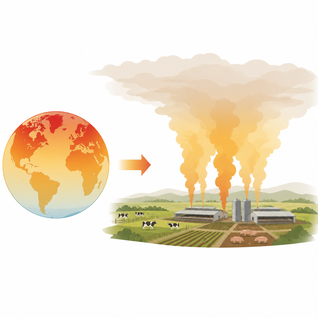 Figure 1. Un mondo più caldo fa sì che le aziende agricole rilascino più ammoniaca invisibile nell’aria da letame e fertilizzanti.