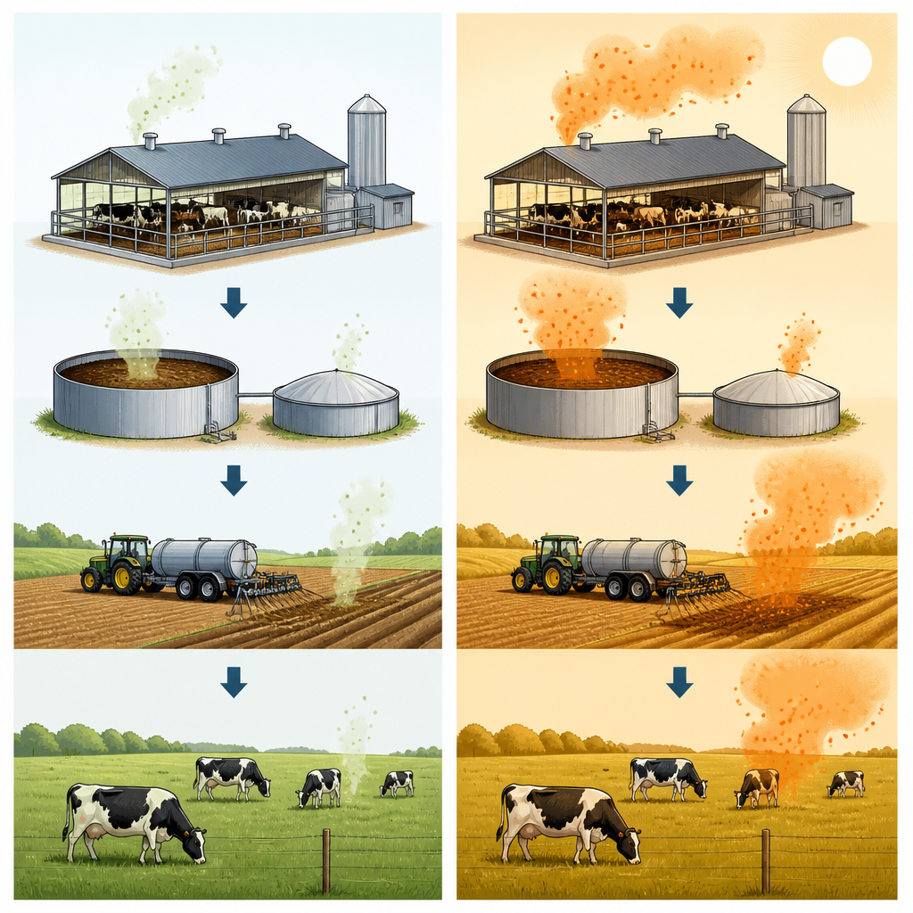 Figure 2. Il calore amplifica le perdite di ammoniaca in ogni fase aziendale, dalle stalle ai depositi fino ai campi, erodendo i benefici delle misure di controllo.