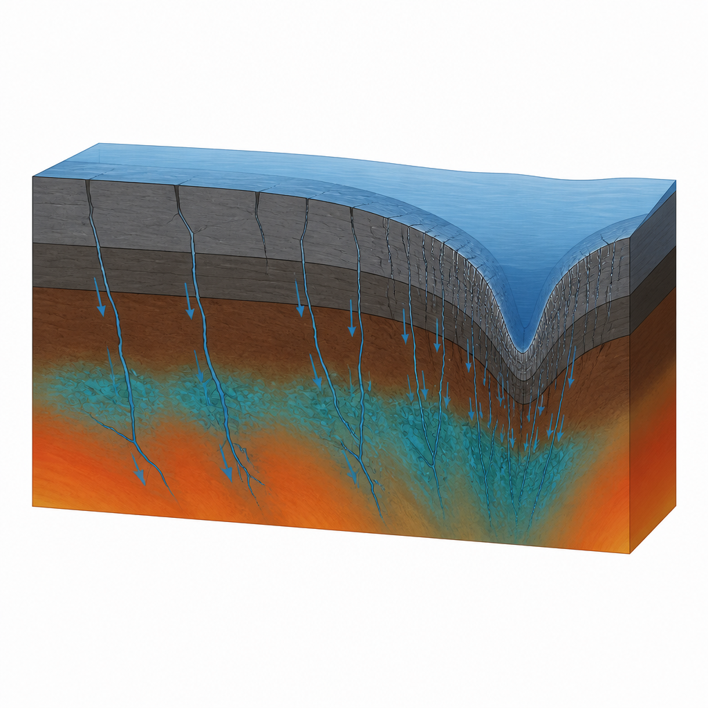 Figure 2. Przybliżenie na zginającą się płytę oceaniczną, gdzie uskoki kierują wodę morską w głąb skał, tworząc silnie uwodniony obszar pod rowem.