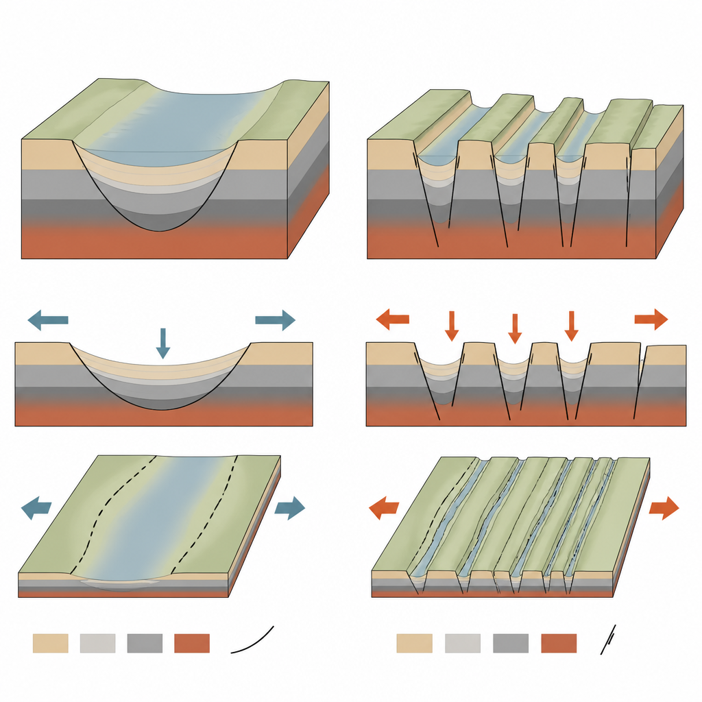 Figure 1. Come croste continentali deboli e forti producono forme diverse di bacini distensivi e influenzano dove si accumulano gli idrocarburi.