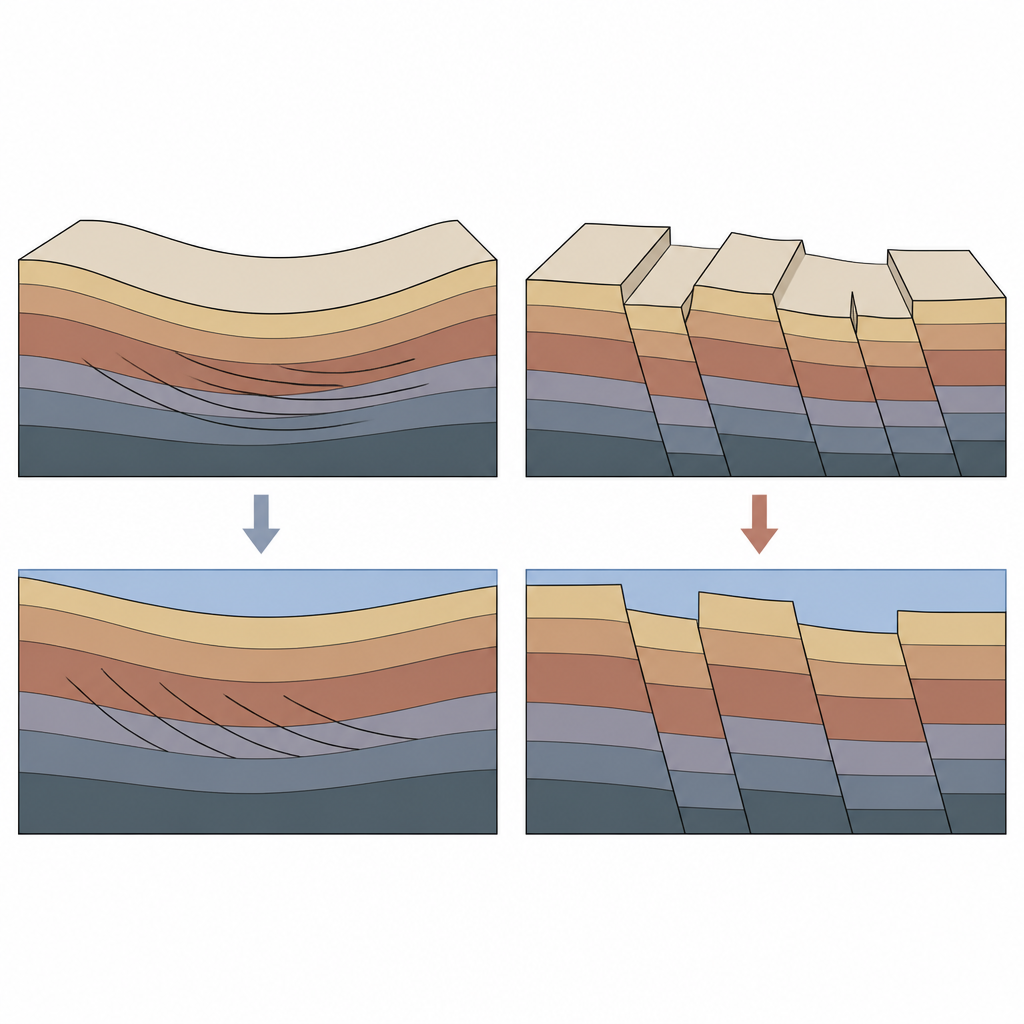 Figure 2. Come la crosta debole genera faglie ampie e curve mentre la crosta forte concentra la deformazione in faglie ripide e planari e in blocchi inclinati.