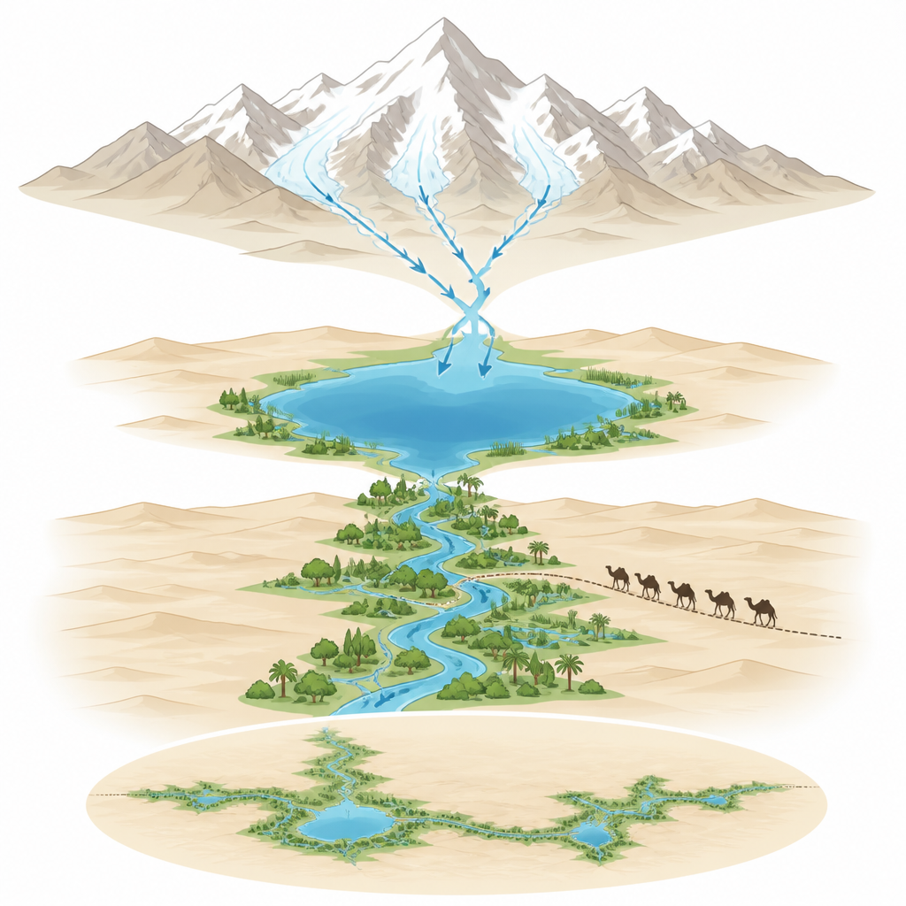 Figure 1. Bergsmeltwater veranderde droge Centraal-Aziatische woestijnen in een keten van meren en oases die het verkeer over de Zijderoute mogelijk maakten.