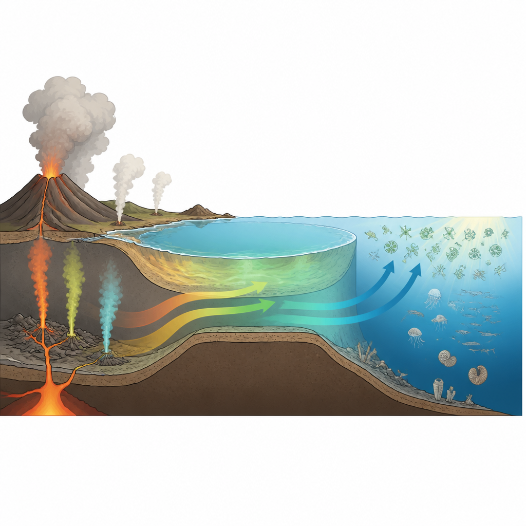 Figure 1. Volcanic pulses send nutrients into ancient seas, helping oxygen build up in the ocean and atmosphere.