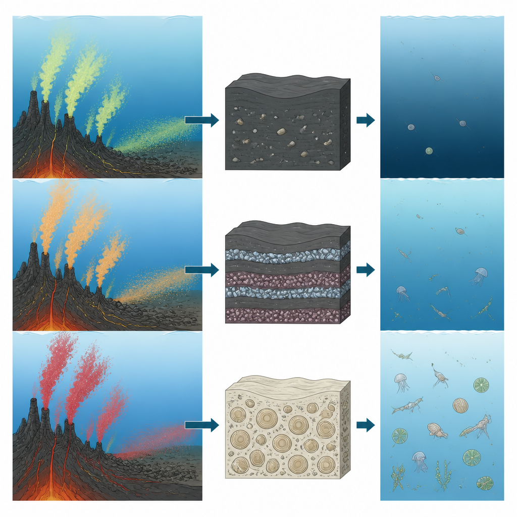 Figure 2. Stepwise seafloor processes turn volcanic phosphorus into layered phosphate rocks as ocean waters gradually become richer in oxygen.