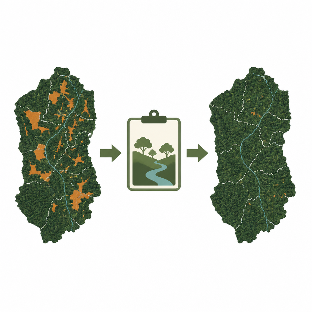 Figure 1. Cómo los planes formales de aprovechamiento en la Cuenca del Congo pueden transformar la pérdida caótica de árboles en un uso del bosque más ordenado y limitado.