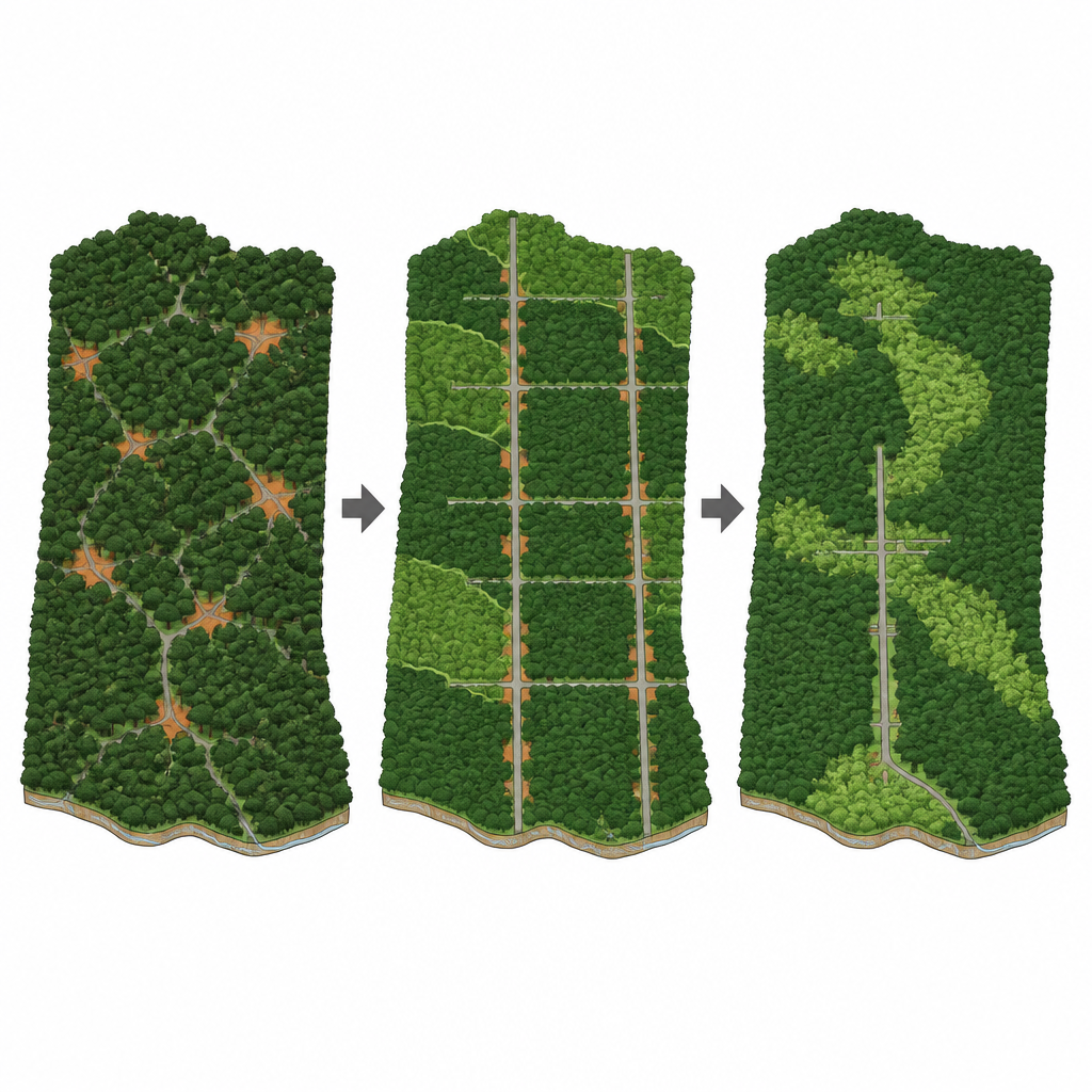 Figure 2. Una visión paso a paso de cómo las carreteras y las zonas de extracción planificadas conducen con el tiempo a menos daños forestales y a una cubierta arbolada más intacta.