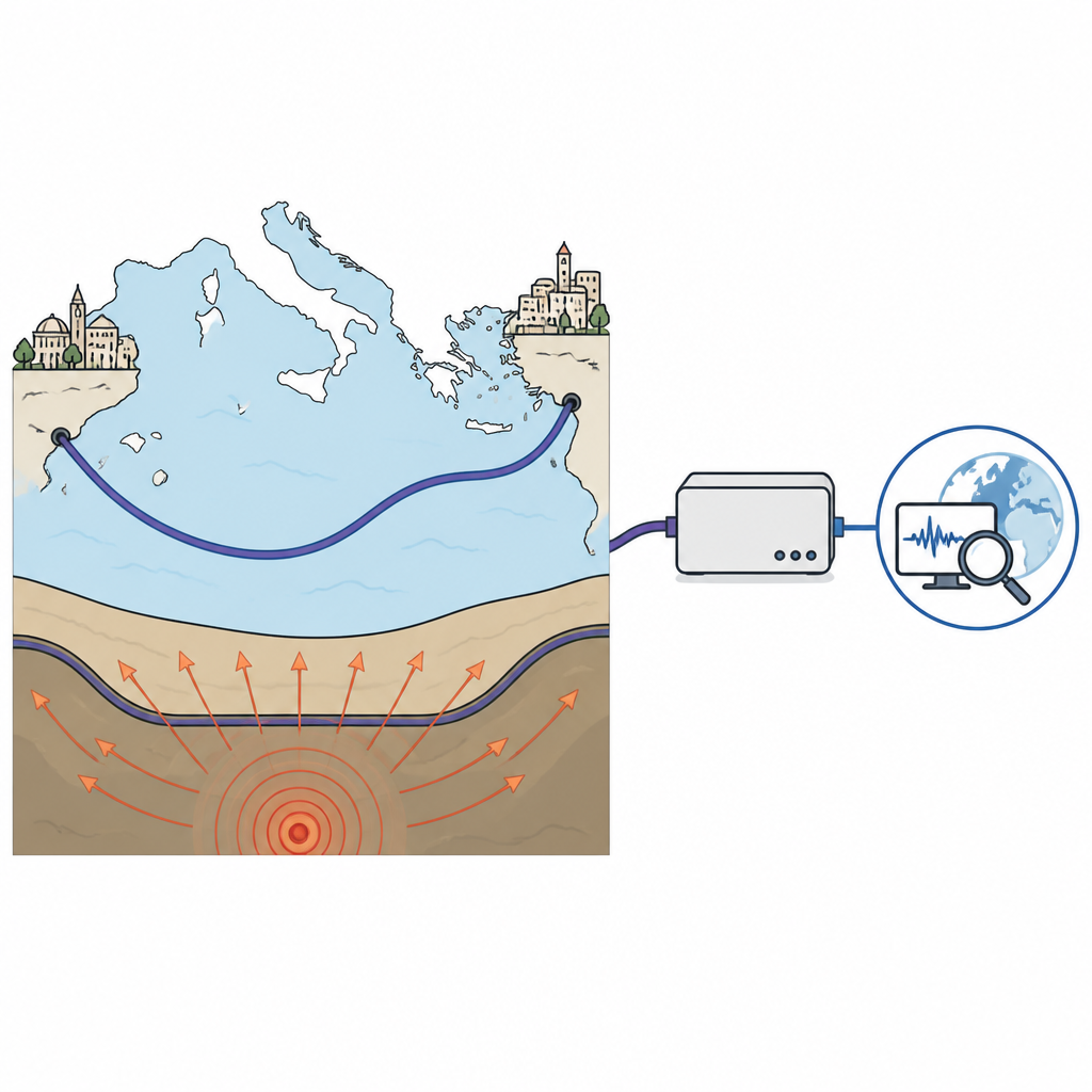 Figure 1. Использование существующего подводного интернет-кабеля в Средиземном море для обнаружения землетрясений путем отслеживания изменений в свете внутри волокна.