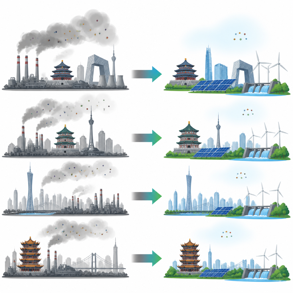 Figure 1. How shifting Chinese cities from fossil fuels to clean power changes toxic metal pollution in the air.