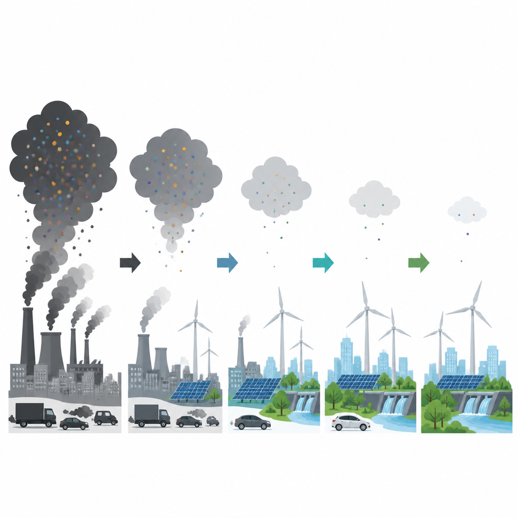 Figure 2. Step-by-step view of how more clean energy and better technology gradually shrink heavy metal particles over Chinese cities.
