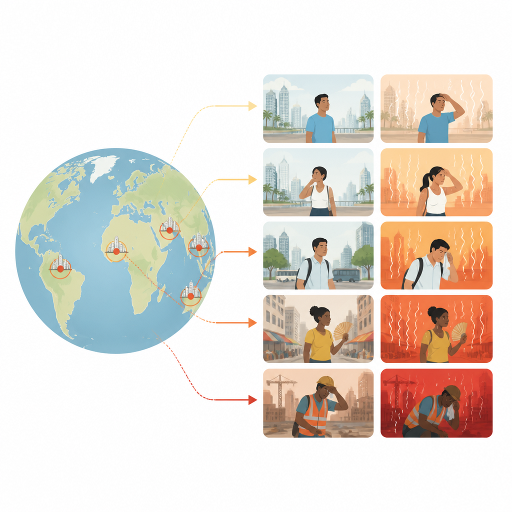 Figure 1. Wie globales Stadtwachstum und Klimawandel zusammen in verschiedenen Regionen immer drückendere, gesundheitlich bedrohliche Hitze erzeugen.