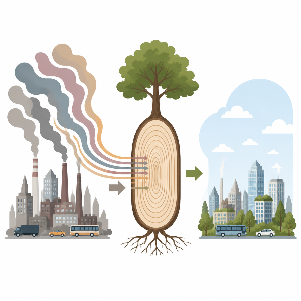 Figure 1. Los árboles urbanos registran la contaminación cambiante, vinculando el uso urbano de combustibles fósiles con un aire más limpio a lo largo del tiempo.