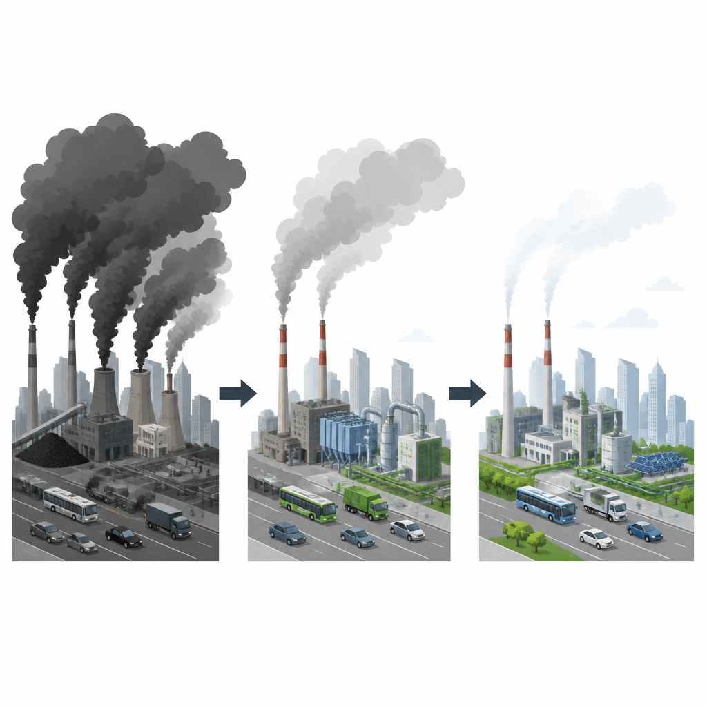 Figure 2. Combustibles más limpios y controles reducen hollín y gases por unidad de combustible fósil, mientras que el dióxido de carbono desciende más lentamente.