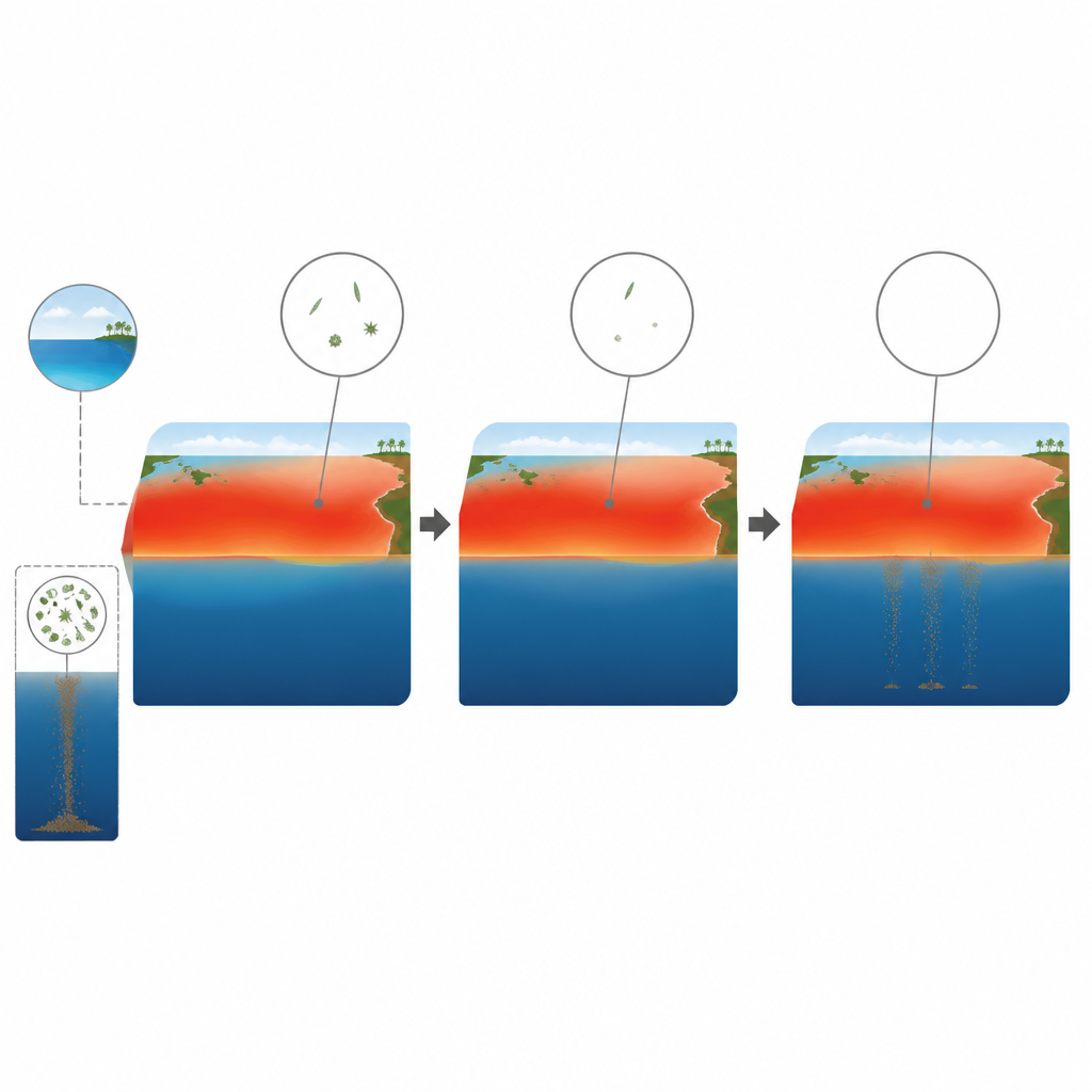 Figure 1. O aquecimento extremo do Pacífico tropical reduziu a vida superficial e a capacidade do oceano de transportar carbono para águas mais profundas.