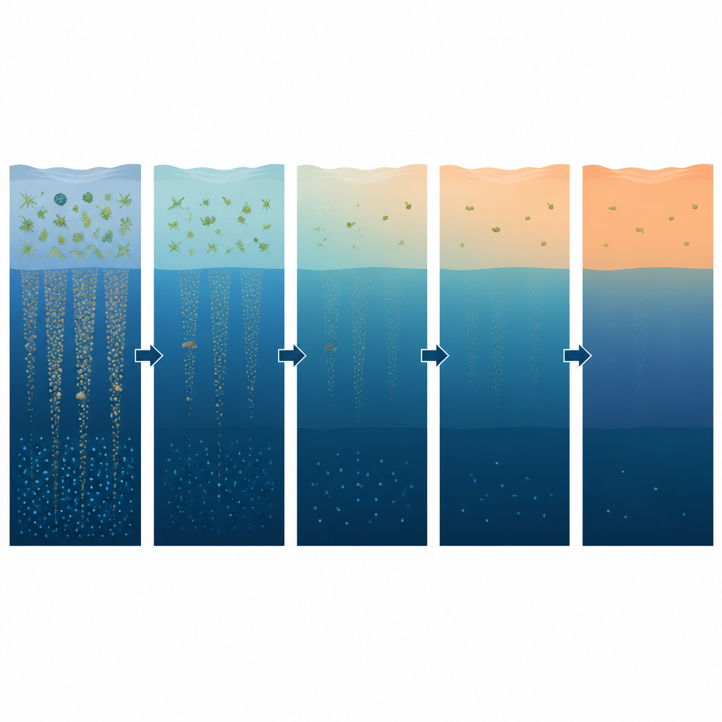 Figure 2. Mudanças induzidas pelo calor, de plâncton grande para pequeno, enfraqueceram as partículas em afundamento e o consumo de oxigênio em média profundidade no Pacífico equatorial.